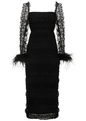 Self Portrait Swiss Dot Tulle Midi Dress W/ Feathers