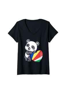 Womens Seychelles Heart Panda Pride Seychellois Flag Roots Souvenir V-Neck T-Shirt