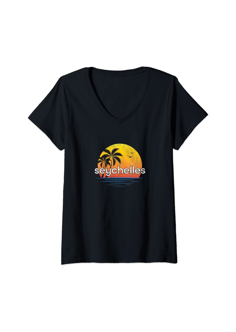 Womens Seychelles Vintage Palm Tree Sunset V-Neck T-Shirt