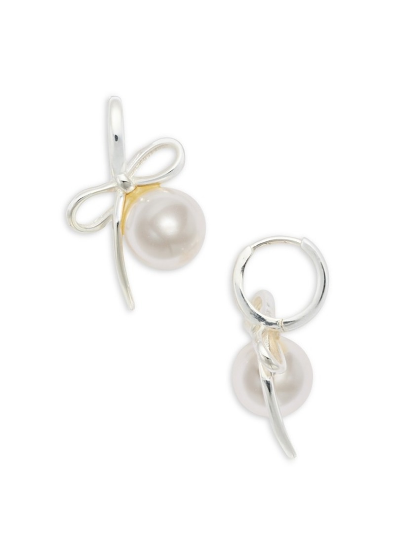 Shashi Bow & Swarovski Pearl Charm Huggie Hoop Earrings in Rhodium Plated Sterling Silver