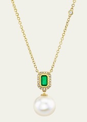 SHAY Pearl and Emerald Halo Drop Necklace with Diamonds