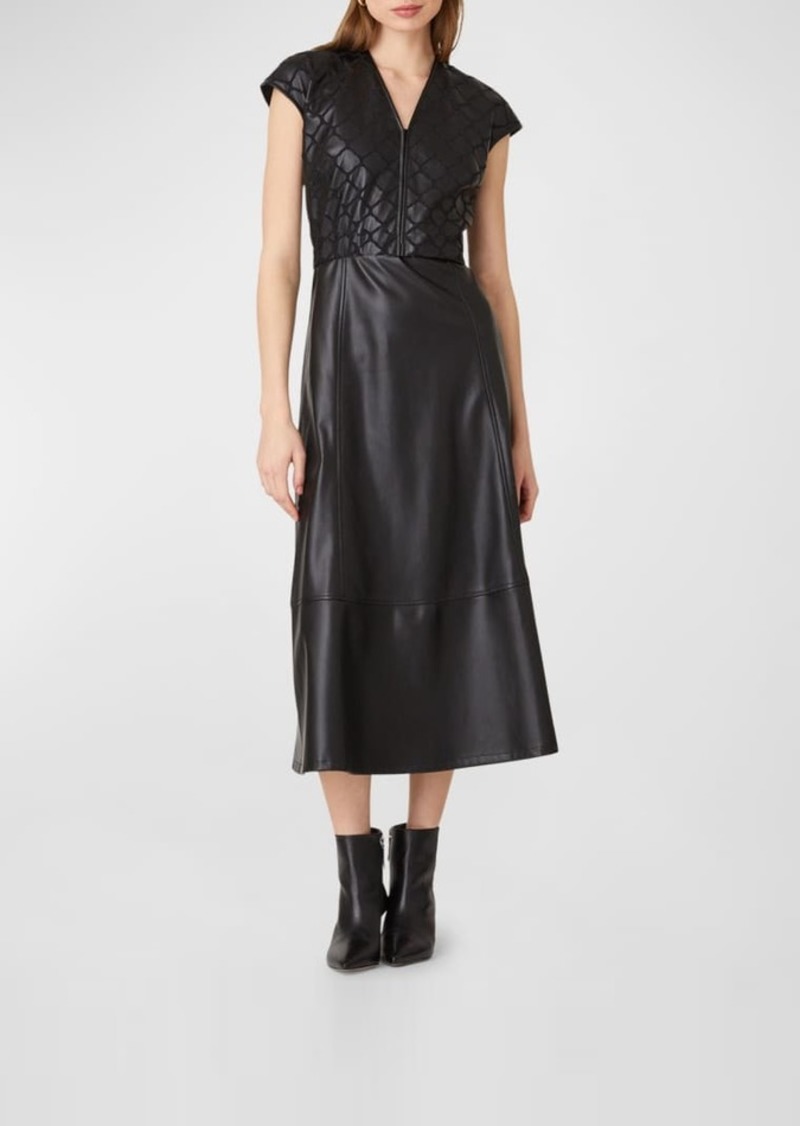 Shoshanna Belted Cap-Sleeve Faux Leather Midi Dress