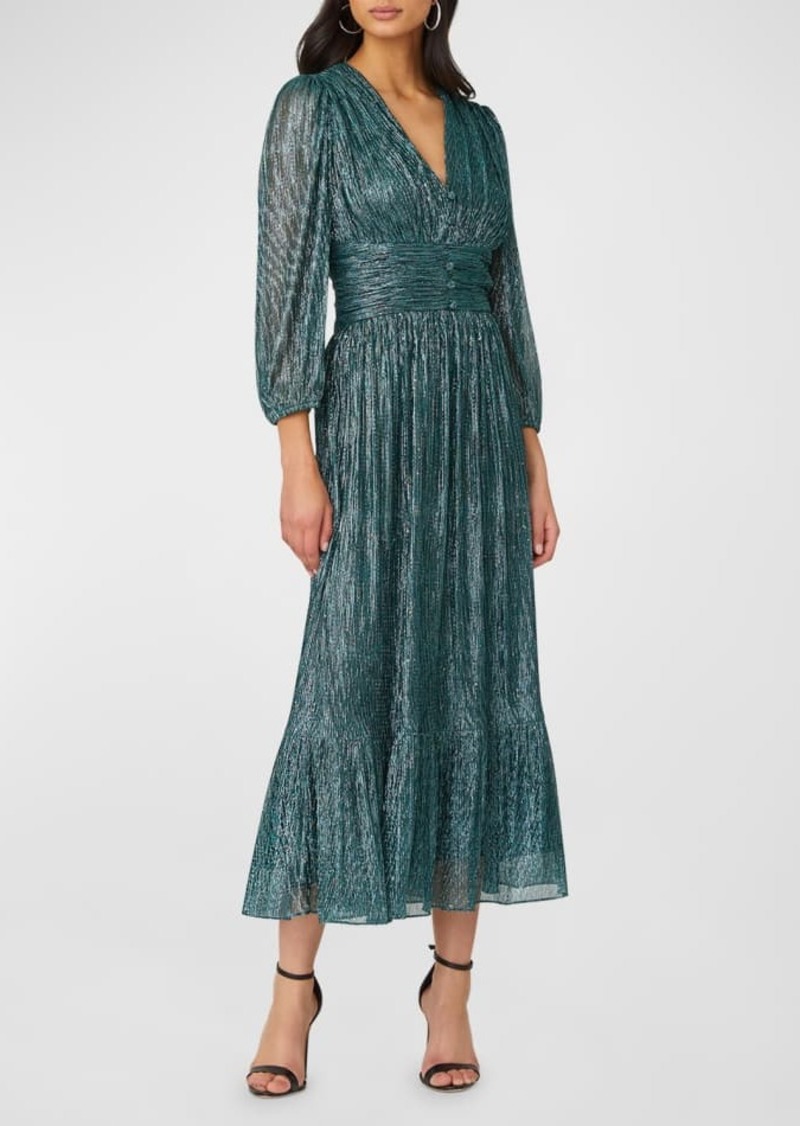 Shoshanna Clara Blouson-Sleeve Metallic Empire Midi Dress