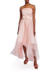 Shoshanna Dianora Checkered Strapless High-Low Belted Gown