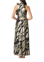 Shoshanna Faye Abstract Metallic Tieneck Sleeveless Gown