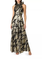 Shoshanna Faye Abstract Metallic Tieneck Sleeveless Gown