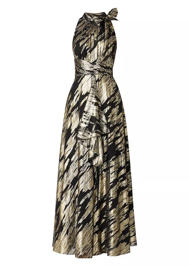 Shoshanna Faye Abstract Metallic Tieneck Sleeveless Gown