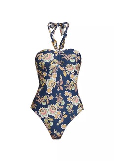 Shoshanna Floral Chain Halter One-Piece Swimsuit