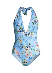 Shoshanna Floral Deep V-Neck Halter One-Piece Swimsuit