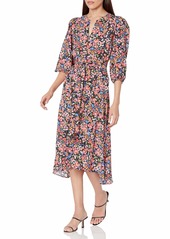 Shoshanna Women's Three-Quarter Sleeve Printed Floral Midi Dress with Handkerchief Hem