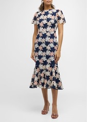 Shoshanna Thompson Floral Lace Flounce Midi Dress