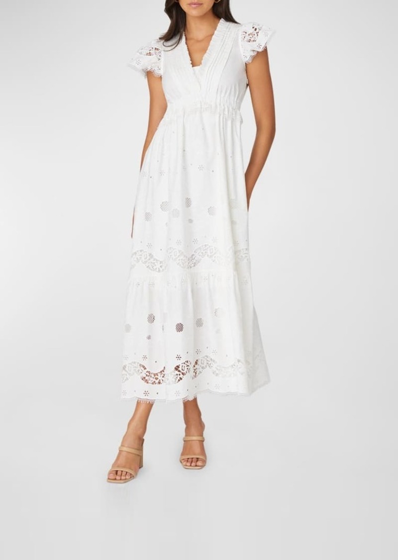 Shoshanna Varah Broderie Anglaise Flutter-Sleeve Midi Dress