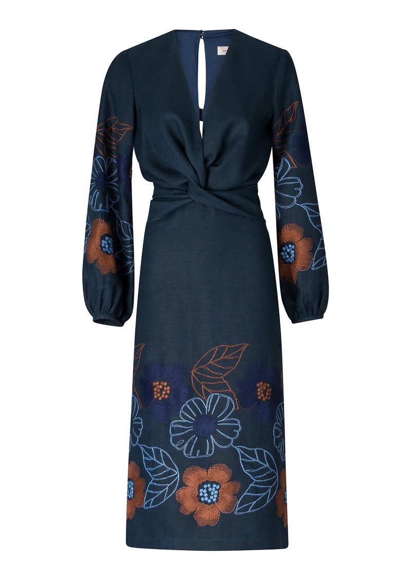 Silvia Tcherassi - Laoise Floral-Embroidered Linen Midi Dress - Navy - S - Moda Operandi