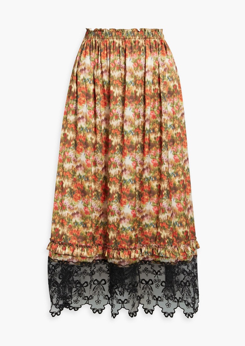 Simone Rocha - Lace-trimmed floral-print satin midi skirt - Red - UK 14