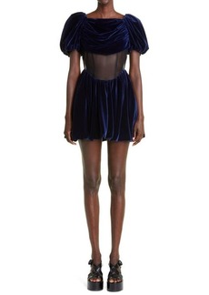 Simone Rocha Illusion Inset Puff Sleeve Velvet Minidress in Blue at Nordstrom