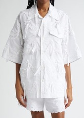 Simone Rocha Oversize Embroidered Ruffle Cotton Button-Up Shirt