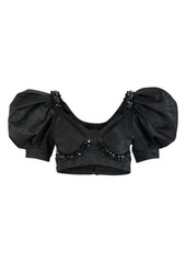 Simone Rocha Puff Sleeve Cotton Blend Crop Top in Black at Nordstrom