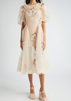 Simone Rocha Puff Sleeve Ruched Bite Embroidered Tulle Midi Dress