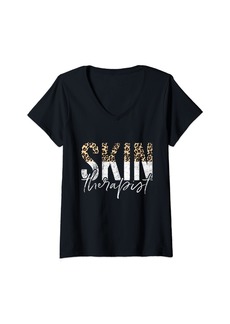 Womens Vintage Skin Therapist Skincare Leopard Skin Esthetician V-Neck T-Shirt