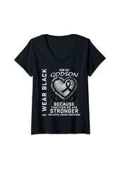 Womens  For My Godson Melanoma Skin Cancer Awareness Graphic V-Neck T-Shirt