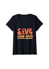 Womens Groovy Melanoma Awareness Ribbon Skin Cancer Save Your Skin V-Neck T-Shirt