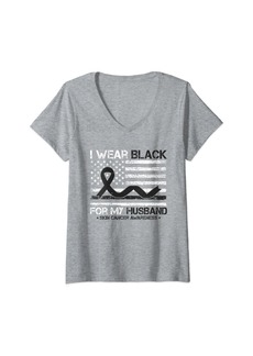 Womens I Wear Black For My Husband Skin Cancer Awareness For Wife V-Neck T-Shirt
