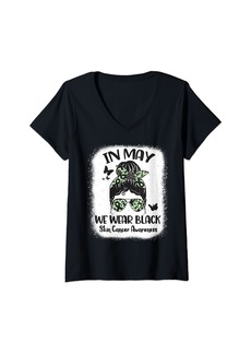 Womens In May We Wear  Support Skin Cancer Awareness Messy Bun V-Neck T-Shirt