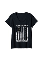 skin Womens Melanoma Awareness Ribbon Saying With Us Flag For Husband V-Neck T-Shirt