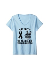 skin Womens Melanoma Black Ribbon USA Flag In May We Wear Black V-Neck T-Shirt