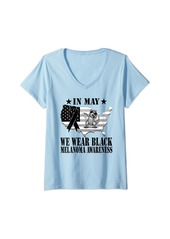 skin Womens Melanoma Black Ribbon Usa Flag T-Rex In May We Wear Black V-Neck T-Shirt