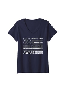 Womens Skin Cancer Awareness Month American Flag Black Ribbon V-Neck T-Shirt