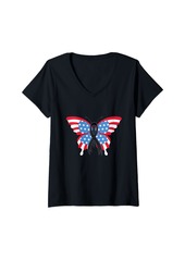 Womens Skin Cancer Awareness Ribbon Survivor Chemo America Flag USA V-Neck T-Shirt
