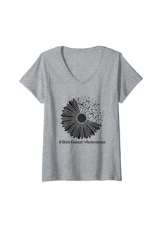 Womens Sunflower Black Skin Cancer Melanoma Awareness Melanoma V-Neck T-Shirt