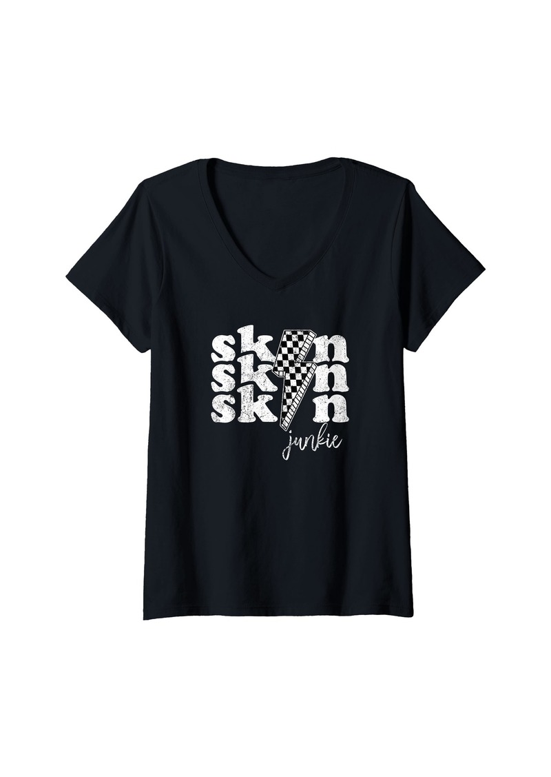 Womens Vintage Skin Junkie Dermatology Dermatologist Esthetician V-Neck T-Shirt