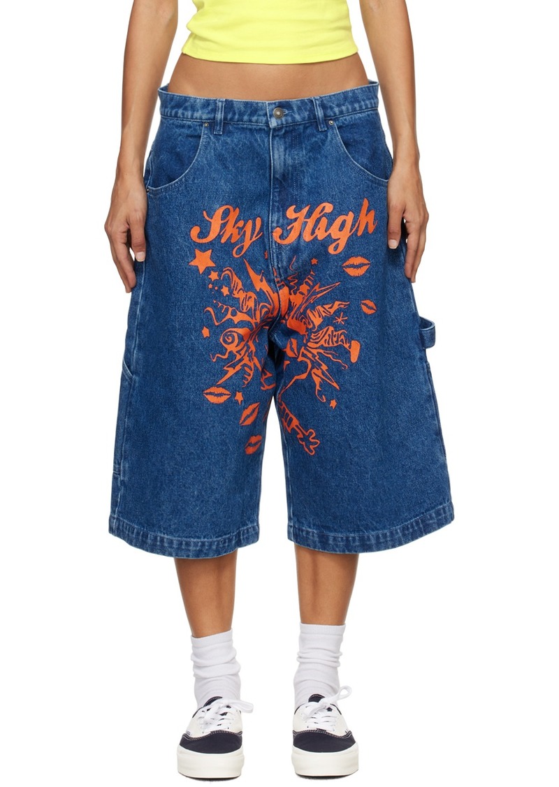 Sky High Farm Workwear Blue Mindblown Print Denim Shorts