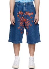 Sky High Farm Workwear Blue Mindblown Print Denim Shorts