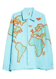 Sky High Farm Workwear Gender Inclusive Beaded World Map Linen Blend Button-Up Shirt