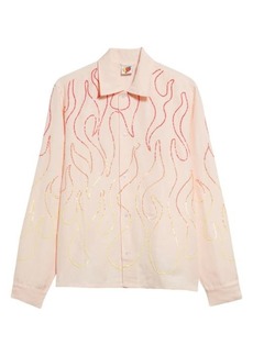 Sky High Farm Workwear Gender Inclusive Sequin Flame Embroidered Linen Blend Button-Up Shirt