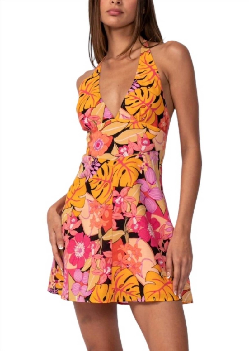 Sky Tropical Floral Halter Mini Dress In Night Flower