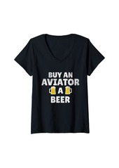 Sky Womens Aviator | Buy an Aviator a Beer Vintage Style Pilot Phrase V-Neck T-Shirt