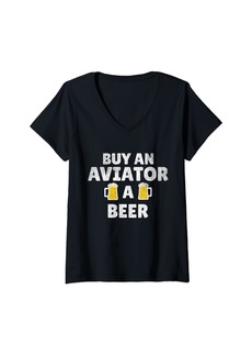 Sky Womens Aviator | Buy an Aviator a Beer Vintage Style Pilot Phrase V-Neck T-Shirt