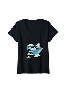 Womens Sky Whale Blue Whale Whale Vibes Sea Creature Flying Whales V-Neck T-Shirt