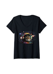 Sky Womens Space Cat Astronaut On Planet Galaxy & Stars V-Neck T-Shirt