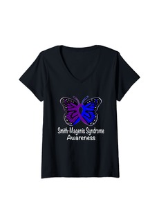 Womens Smith Magenis Syndrome Awareness Warrior Purple Blue Ribbon V-Neck T-Shirt
