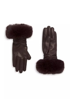 Sofia Cashmere Faux-Fur-Trim Cashmere-Lined Ruched Leather Gloves