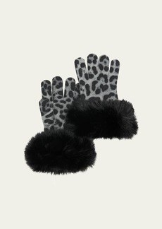 Sofia Cashmere Leopard Print Cashmere Gloves w/ Faux Fur Cuffs