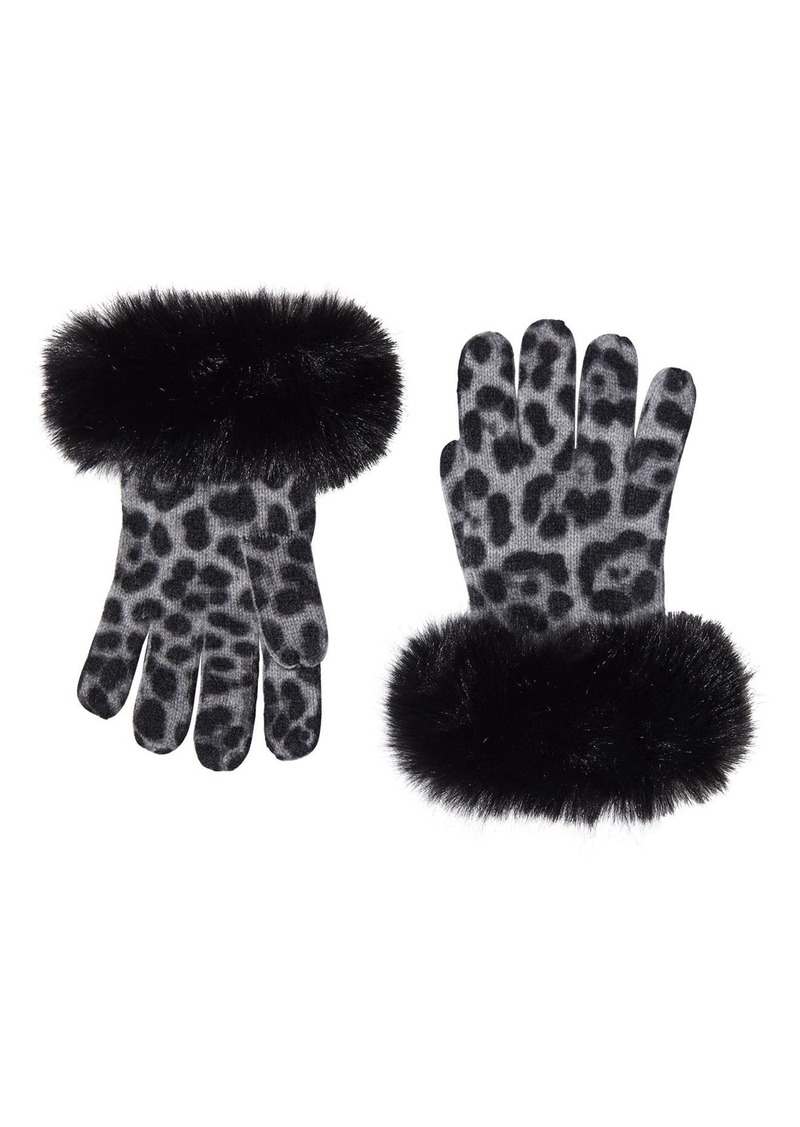 Sofia Cashmere Leopard Print Cashmere Knit Gloves with Faux Fur Cuffs in Grey at Nordstrom Rack