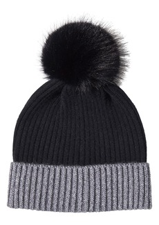 Sofia Cashmere Ribbed Cashmere Knit Beanie with Faux Fur Pompom in Black/Charcoal at Nordstrom Rack
