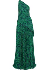 Solace London Woman Emelyne One-shoulder Draped Printed Plissé-crepe Maxi Dress Green