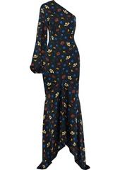 Solace London Woman Savon One-shoulder Floral-print Satin Gown Black